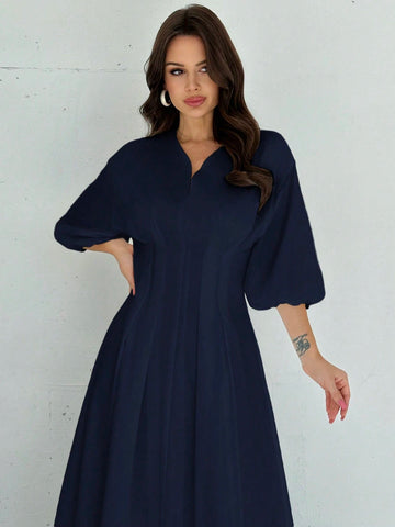 Firerie Elegant Cinched Waist V-Neck Lantern Sleeve Pleated A-Line Mid-Length Dress