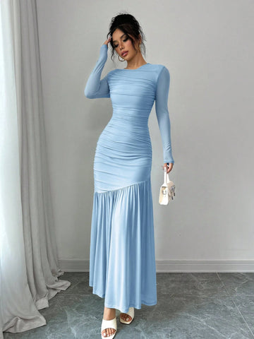 Women's Long Sleeve Round Neck Mesh Dress