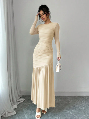Women's Long Sleeve Round Neck Mesh Dress