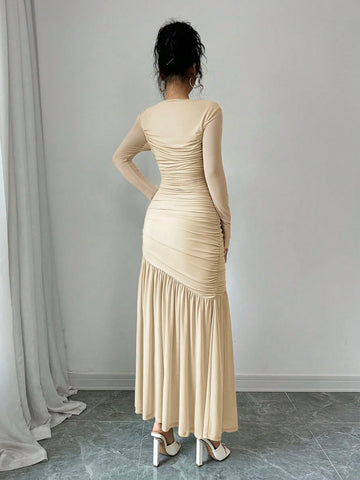 Women's Long Sleeve Round Neck Mesh Dress