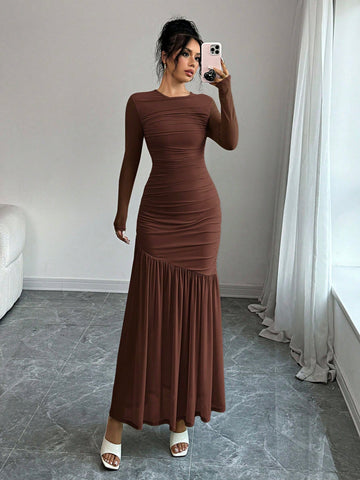 Women's Long Sleeve Round Neck Mesh Dress
