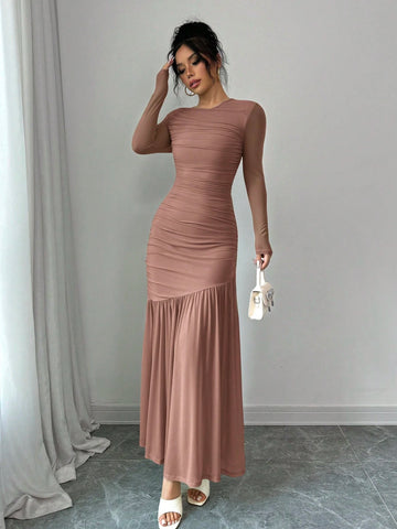 Women's Long Sleeve Round Neck Mesh Dress