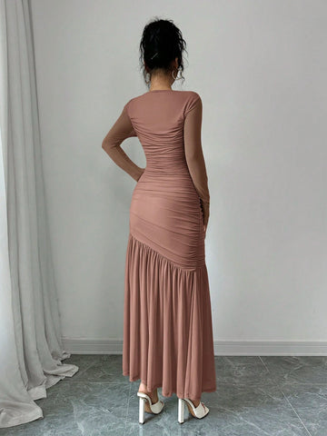 Women's Long Sleeve Round Neck Mesh Dress
