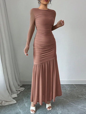 Women's Long Sleeve Round Neck Mesh Dress