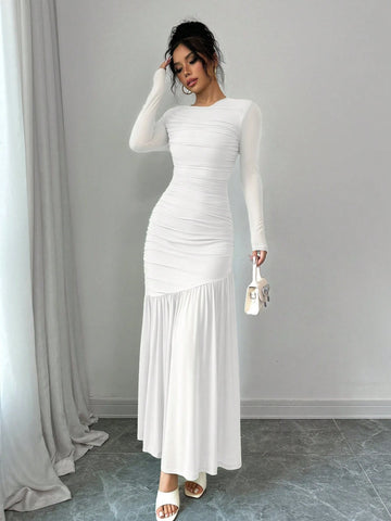 Women's Long Sleeve Round Neck Mesh Dress
