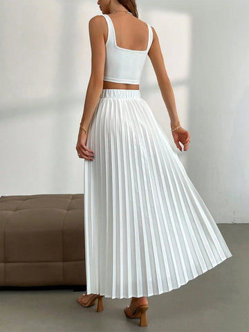 Firerie Women Simple White Tank Top And Pleated Skirt 2-Piece Set