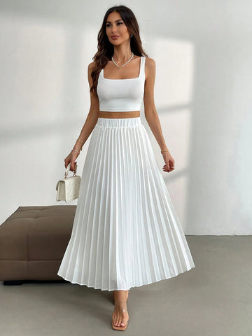 Firerie Women Simple White Tank Top And Pleated Skirt 2-Piece Set