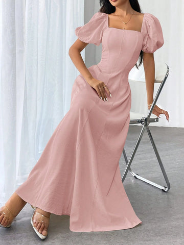 Women Elegant Solid Color Square Neck Puff Sleeve Waisted Flare Hem Dress