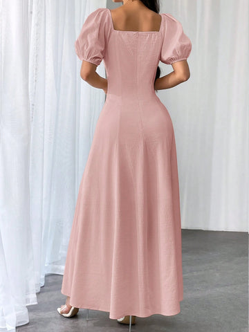 Women Elegant Solid Color Square Neck Puff Sleeve Waisted Flare Hem Dress