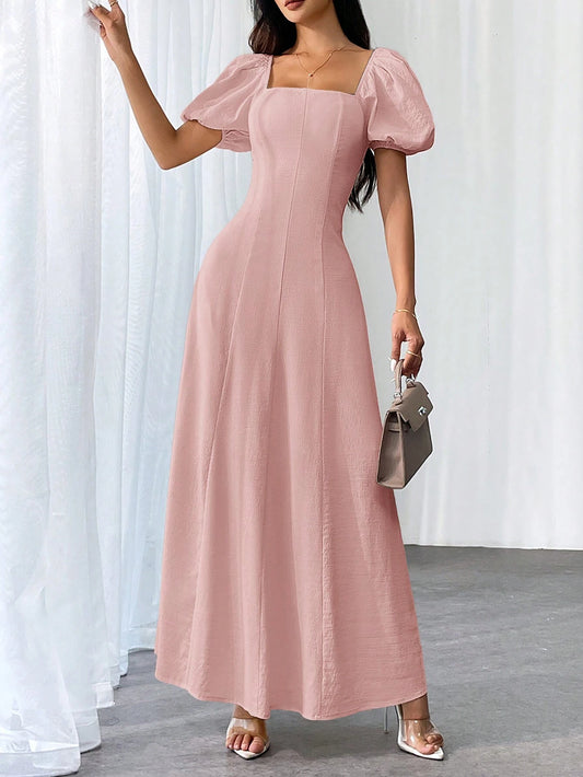 Women Elegant Solid Color Square Neck Puff Sleeve Waisted Flare Hem Dress