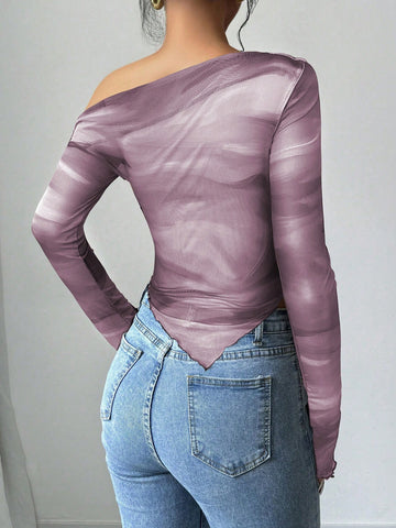 Women's Floral Print Asymmetric Shoulder Long Sleeve T-Shirt