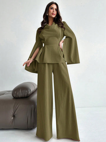 2pcs/Set Women's Lace-Up Long Sleeve Blouse Top And Mermaid Hem Skirt Suit