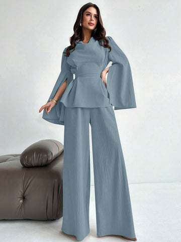 2pcs/Set Women's Lace-Up Long Sleeve Blouse Top And Mermaid Hem Skirt Suit