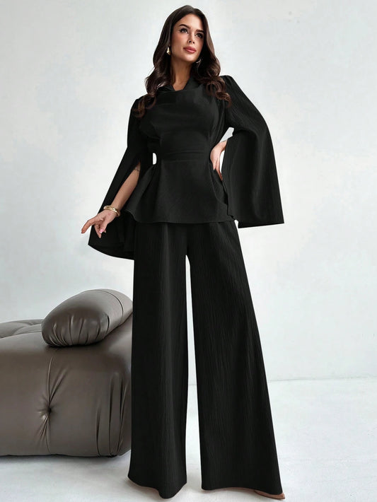 2pcs/Set Women's Lace-Up Long Sleeve Blouse Top And Mermaid Hem Skirt Suit