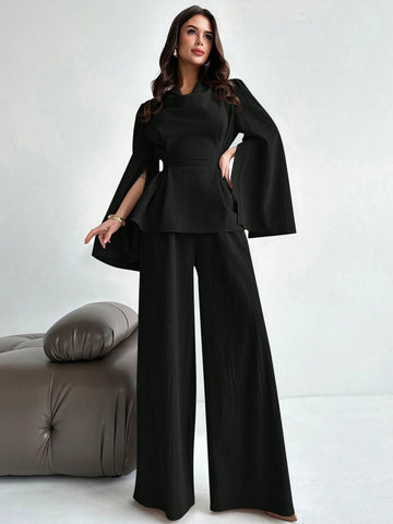 2pcs/Set Women's Lace-Up Long Sleeve Blouse Top And Mermaid Hem Skirt Suit