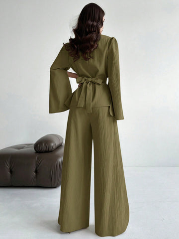 2pcs/Set Women's Lace-Up Long Sleeve Blouse Top And Mermaid Hem Skirt Suit