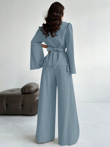 2pcs/Set Women's Lace-Up Long Sleeve Blouse Top And Mermaid Hem Skirt Suit