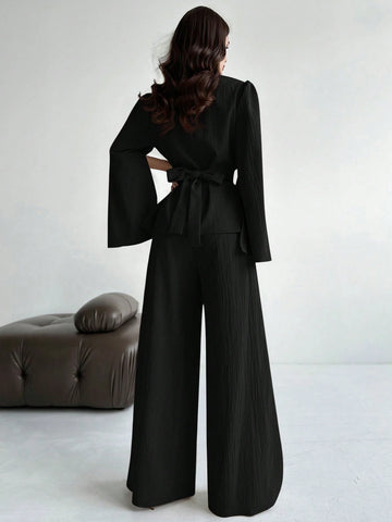 2pcs/Set Women's Lace-Up Long Sleeve Blouse Top And Mermaid Hem Skirt Suit