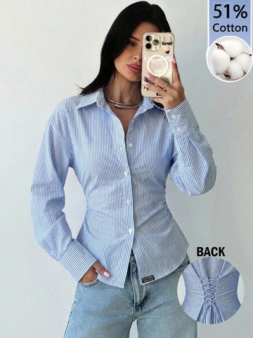 Women's White Long Sleeve Tie-Waist Shirt