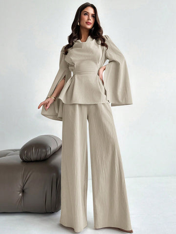 2pcs/Set Women's Lace-Up Long Sleeve Blouse Top And Mermaid Hem Skirt Suit