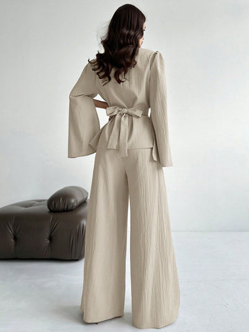 2pcs/Set Women's Lace-Up Long Sleeve Blouse Top And Mermaid Hem Skirt Suit