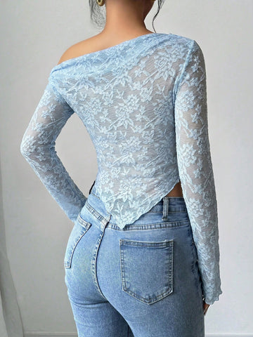 Women's Floral Print Asymmetric Shoulder Long Sleeve T-Shirt
