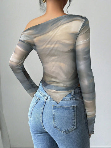 Women's Floral Print Asymmetric Shoulder Long Sleeve T-Shirt