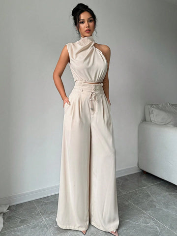 2pcs/Set Women Turtleneck Sleeveless Top And Wide Leg Pants