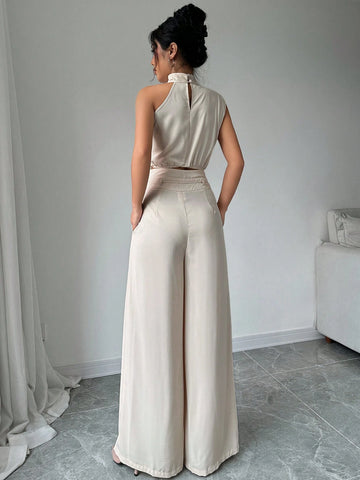 2pcs/Set Women Turtleneck Sleeveless Top And Wide Leg Pants