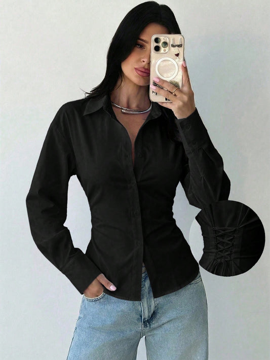 Women's White Long Sleeve Tie-Waist Shirt