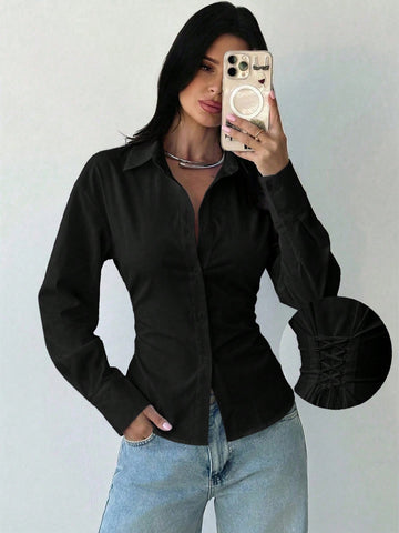 Women's White Long Sleeve Tie-Waist Shirt