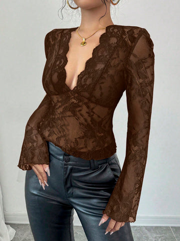 Firerie Women's Black V-Neck Lace Patchwork Bell Sleeve Lace Blouse