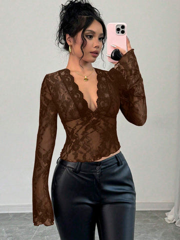 Firerie Women's Black V-Neck Lace Patchwork Bell Sleeve Lace Blouse