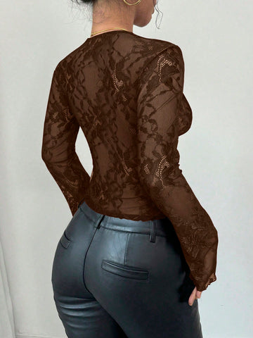 Firerie Women's Black V-Neck Lace Patchwork Bell Sleeve Lace Blouse