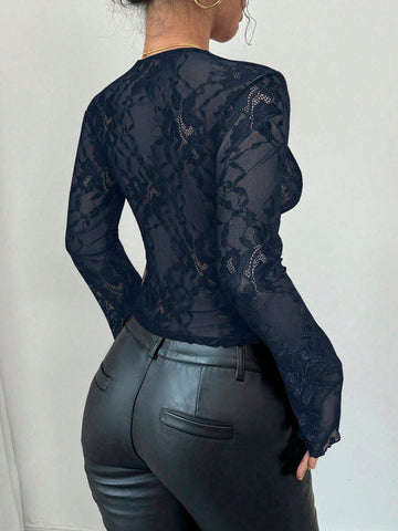 Firerie Women's Black V-Neck Lace Patchwork Bell Sleeve Lace Blouse