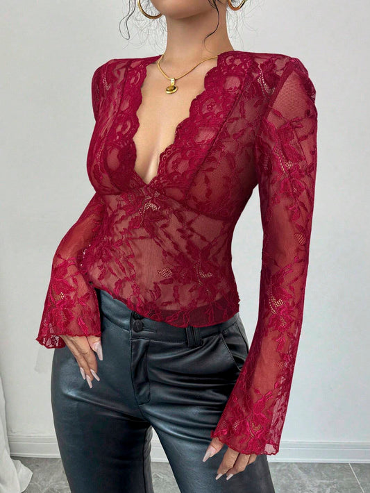 Firerie Women's Black V-Neck Lace Patchwork Bell Sleeve Lace Blouse