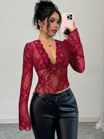 Firerie Women's Black V-Neck Lace Patchwork Bell Sleeve Lace Blouse