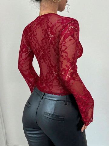 Firerie Women's Black V-Neck Lace Patchwork Bell Sleeve Lace Blouse