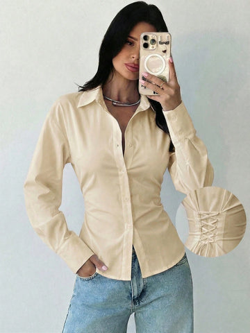 Women's White Long Sleeve Tie-Waist Shirt