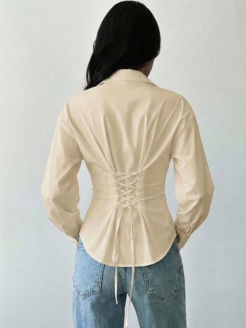 Women's White Long Sleeve Tie-Waist Shirt