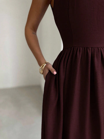 Firerie Women's Blue Waist Cinched A-Line Maxi Dress