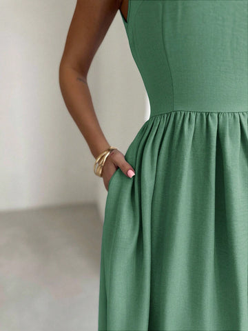 Firerie Women's Blue Waist Cinched A-Line Maxi Dress