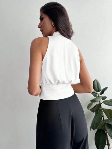 Women's Button Decorated Waist Fitted Elegant Commute Satin Blouse