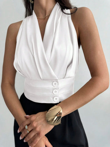 Women's Button Decorated Waist Fitted Elegant Commute Satin Blouse