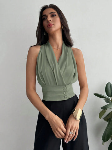 Women's Button Decorated Waist Fitted Elegant Commute Satin Blouse