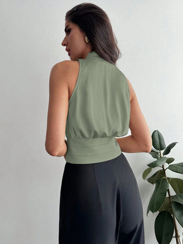 Women's Button Decorated Waist Fitted Elegant Commute Satin Blouse