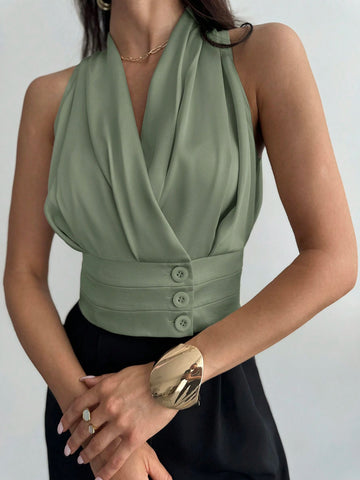 Women's Button Decorated Waist Fitted Elegant Commute Satin Blouse