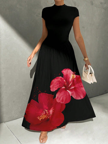 Asymmetrical A-Line Midi Dress With Stand Collar And Cinch Waist