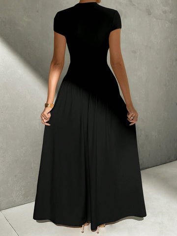 Asymmetrical A-Line Midi Dress With Stand Collar And Cinch Waist