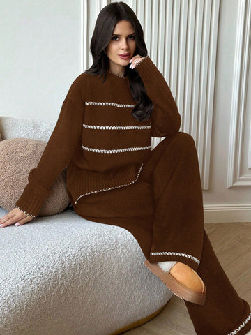 Women's Casual Loose Contrast Color Knit Sweater Set